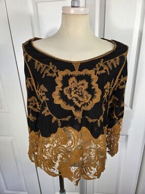 Highness Boho Embroidered Top Black Brown Crochet Hem Peasant Womens XL